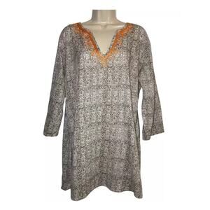 Anthropologie Flower Tunic Hipster Gray Hippie Embroidered Coverup Boho Y2K L